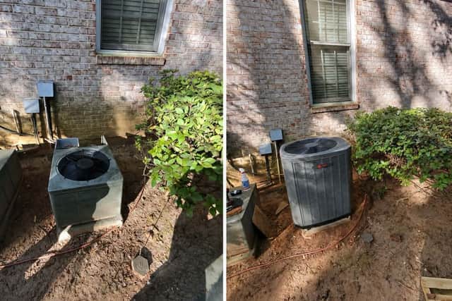 Before and after of an outdoor AC condenser replacement — old aged unit swapped for a new Trane system