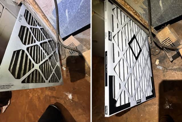 Before and after of an air filter swap during a tune-up — clogged filter replaced with a clean Parker pleated filter